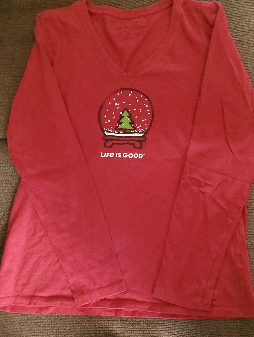 Life is Good Red V-Neck Long Sleeve Tee with Snow Globe Graphic